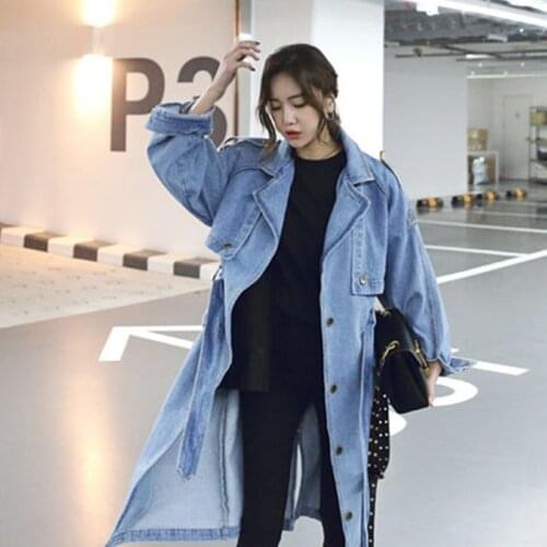 Spring Vintage Trench Overcoat Jean Coat Womens With Belt Street Loose Casual 2021 Autumn Lady Denim Windbreaker Coat Plus Size