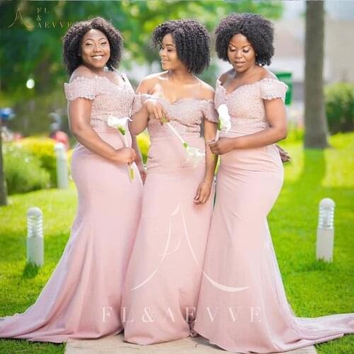 Vintage Pink Lace Mermaid Wedding Party Dresses African Off the shoulder Bridesmaid Dress Sweep Train Prom Gowns Plus Size