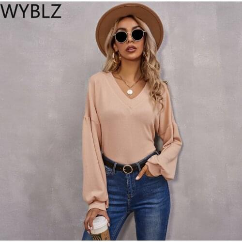 WYBLZ 2021 Long Sleeve Chiffon Shirt Women Spring Summer Fall Solid Color V-neck Loose Blouse Female Fashion Casual Tops