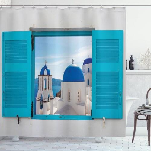 Ethnic Landscape Shower Curtain Set Santorini Greece Buildings Curtain for Bathroom Decor 12 Hooks Decorative Bath Accessory