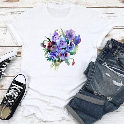 Women Clothes Style Watercolor Flower Floral Summer Fashion Short Sleeve Print Cartoon Tshirt Female Tee Top Graphic T-shirt