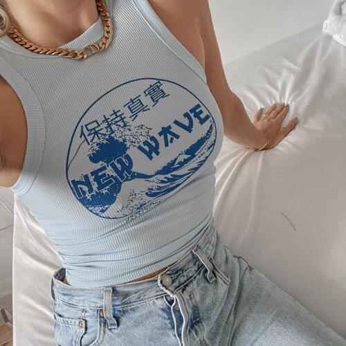 Women Ladies Casual Base Tank Tops Creative Chinese Character Letter Printed O-Neck Sleeveless Cargo Wild Slim Fit Vest