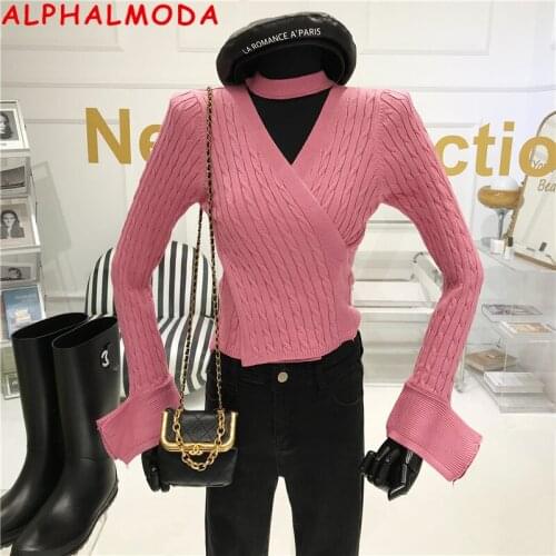 ALPHALMODA 2021 Spring New Halter Neck Criss Cross Twisted Sweater Womens V-neck Sexy Slim Bottom Solid Jumper