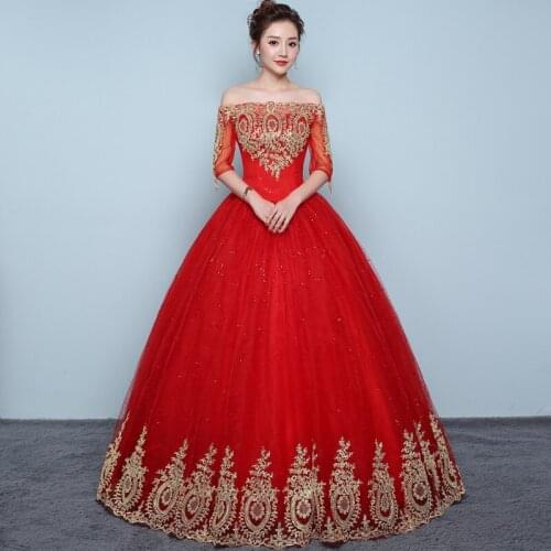 Wedding Dress Illusion Boat Neck Half Sequined Embroidery Tulle Lace Backless Luxury Red Off The Shoulder Lady Bridal Gown FB674