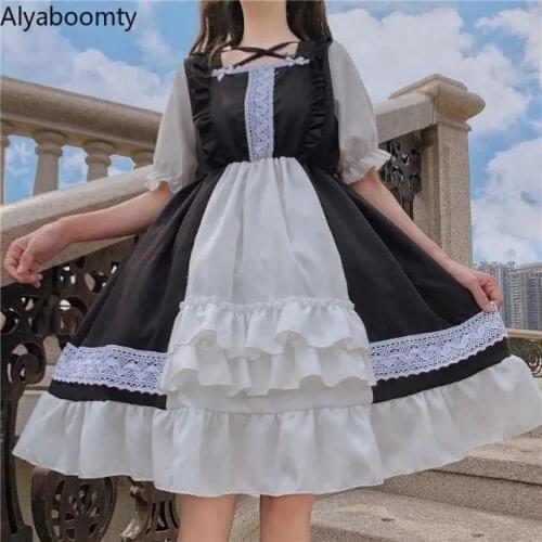 Japanese Summer Women Lolita Style Dress Cross Neck Hollow Out Pink White Sweet Dress Ruffles Cute Kawaii Bow Lace Girls Dress