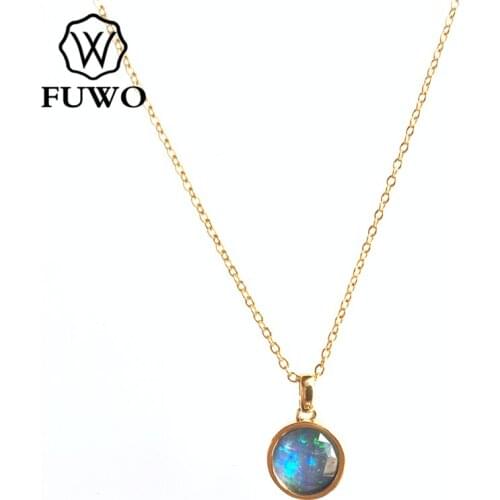 FUWO Carved Blue Opal Pendant Necklace with Gold Trimmed Synthetic Round Opal Jewelry Gift For Women NC257