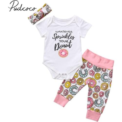 2018 Brand New Summer 3PCS Set Newborn Baby Boy Girl Clothes Short Sleeve Donut Romper Tops+Long Pant Headband Outfit Kids Sets