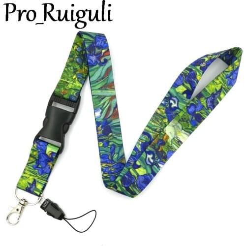 30pcs Van gogh Irises oil painting Keychain Lanyards Id Badge Holder ID Card Pass Mobile Phone Badge Holder Strap webbing ribbon