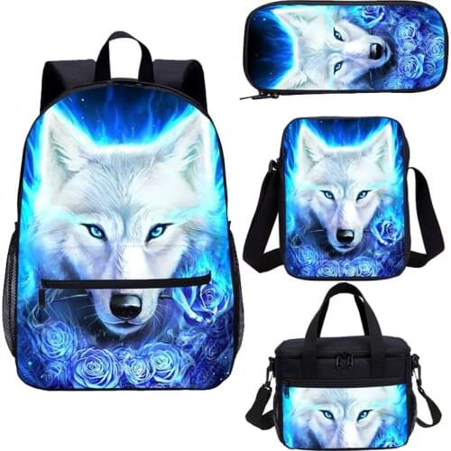 Fashion Wild Wolf 3D Printing 4 Pcs Set Kids Animal Backpack Child School Bag Student Bag Book Bags Girls Boys Teenage