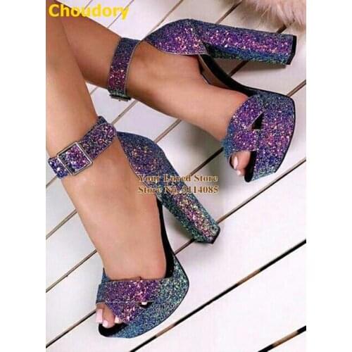 Choudory Glitter Chunky Sandals Bling Bling Strap Wedding Heels Sequined Platfrom Banquet Shoes Square Buckle Pumps Dropship