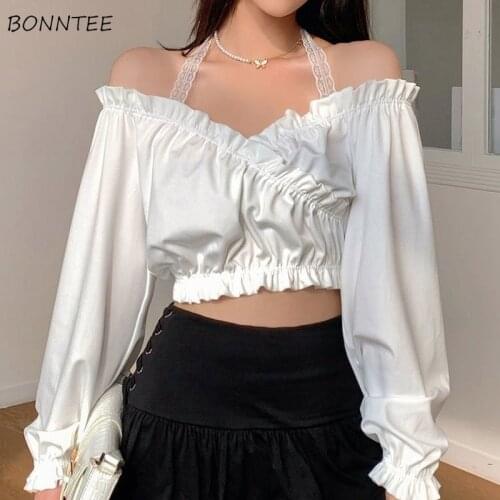 Blouse Women Leisure Solid All-match Slash Neck Lace Temperament Slim Autumn New Stylish Female Cropped Korean Style Cozy Simple