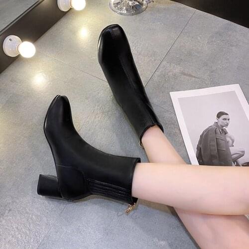 2022 Cow Leather Autumn Winter Ankle Boots Square Toe Leather Knitting Short Boots Square Med Heel Women Shoes Size 35-39