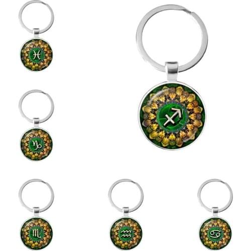 12 Constellations Charm Mandala Keychain Constellation Key Rings Zodiac Sign Key Chain Pendant Jewelry Fashion Birthday Gift