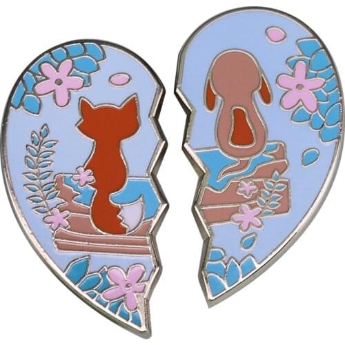 Floral fox dog badge fashion heart shape stitching 2 piece set couple best friends jewelry