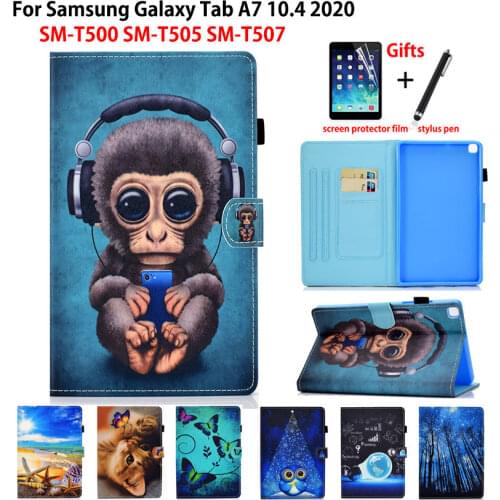 For Samsung Galaxy Tab A7 10.4 2020 Case Cover SM-T500 SM-T505 SM-T507 Coque Funda Cartoon monkey Silicon PU Leather Shell +Gift