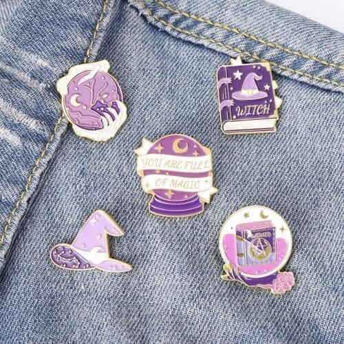 Purple Witchcraft Enamel Pins Wizard Hat Book Ball Cat Brooch Lapel Badge Bag Gothic Jewelry Gift for Friends