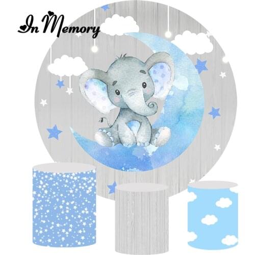 Round Elephant Boys Baby Shower Newborn Backdrop Blue Moon Star Clouds Birthday Party Circle Photography Background Plinth Cover