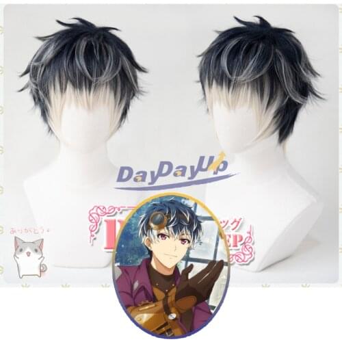 IDOLiSH7 RE:Vale Momo White Navy Blue Mixed Short Game Role Play Synthetic Hair Carnival Halloween Party Cosplay + Free Wig Cap