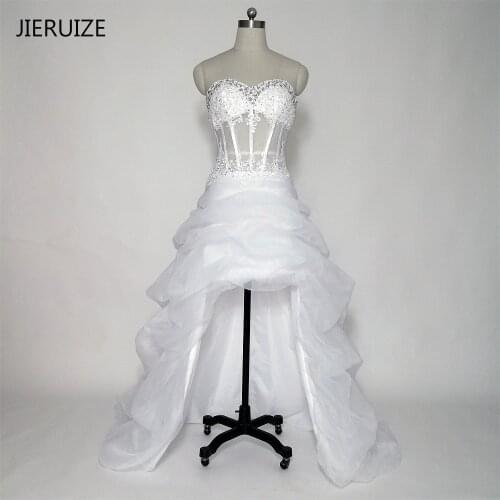 JIERUIZE White Organza Lace Appliques High Low Wedding Dresses Beading Crystal Front Short Long Back Beach Wedding Gowns