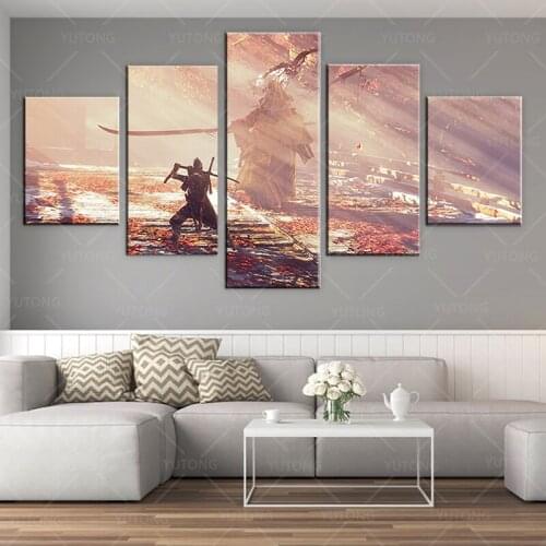 5 Piece HD Ninja Picture Painting Wolf Sekiro Shadows Die Twice Video Game Poster Wall Canvas for Bedroom Living Room Library Of