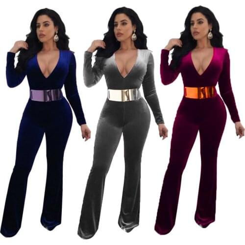 Plunging V Neck Velvet Wide Leg Overalls Sexy Women Full Sleeve Long Pant Outfit Jumpsuit Plus Size High Waist Jumpsuits No Belt