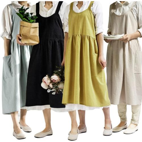 Cooking Kitchen Apron For Woman Female Bib Cotton Linen Dress Cafe BBQ Aprons Kitchen Sleeveless Cooking Accessories