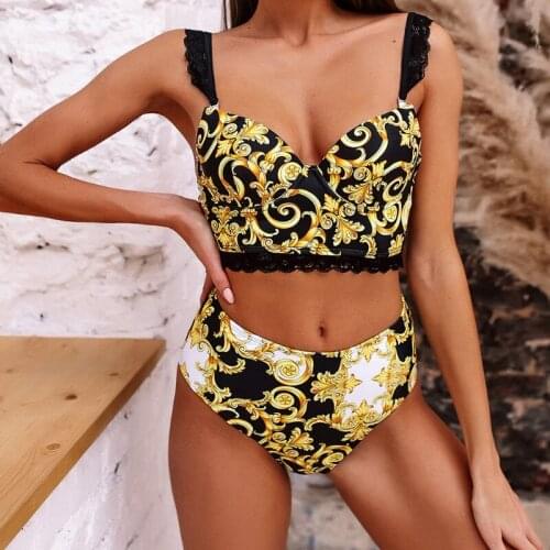 Swimwear European and American Split Swimsuit Lace Strap Bikini Womens Sexy Lace Bra and Panty w/ Chest Pad