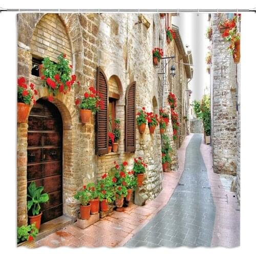 Landscape Shower Curtain European Architecture Italian Town Street Scenery Floral Plant Bathroom Decor Cloth Hanging Curtain Set