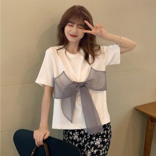 Top Summer Bowknot Short Sleeve Top New Korean Fashion Personality Loose All-match Pullover T-shirt