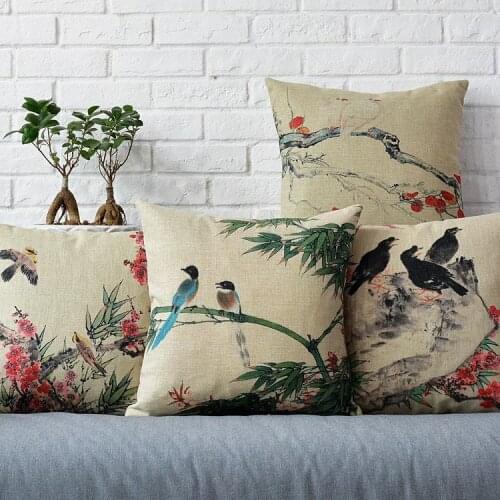 Retro ink painting Floral birds Linen pillow Flowers pillow cushion home decorative pillows