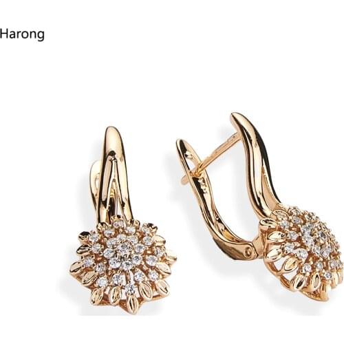 Harong Cute Flower Stud Earrings Female Cassic Jewelry Engagement Natural Zircon Round Gold Copper Earring Woman Gift