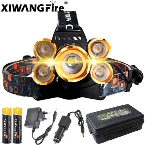 Powerful LED Headlamp Fishing Headlight 5 LED Cree Xml T6 Head Lamp Use 18650 Rechargeable Flashlight Torch Lantern