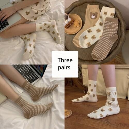 New 2021 ins Cute Cartoon Bear Socks Female Spring And Summer Students Thin Tube Socks Long Tube Cotton Socks