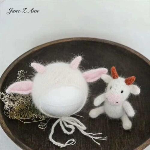 New arrival Studio Baby ox bull Photography Clothing Newborn handmade knitted hat+cow doll 3 colors studio shooting accessories