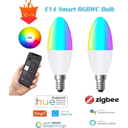 NEW Tuya Zigbee 3.0 Smart E14 LED Candle Bulb RGBWC Dimmable Timing Support SmartThings Echo Alexa Home Automation Voice Light