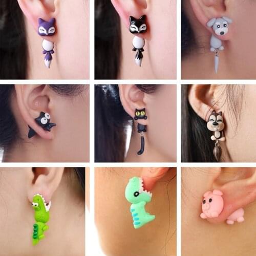 Cute Animal Earrings For Women Creative Unusual Handmade Earring Polymer Clay Dinosaur Dog Cat Ear Stud Party Gifts Accessories