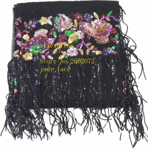 Stock 5yards/bag Black tassel embroidery sequins color embroidery fashion fabric used in wedding dress design BH07