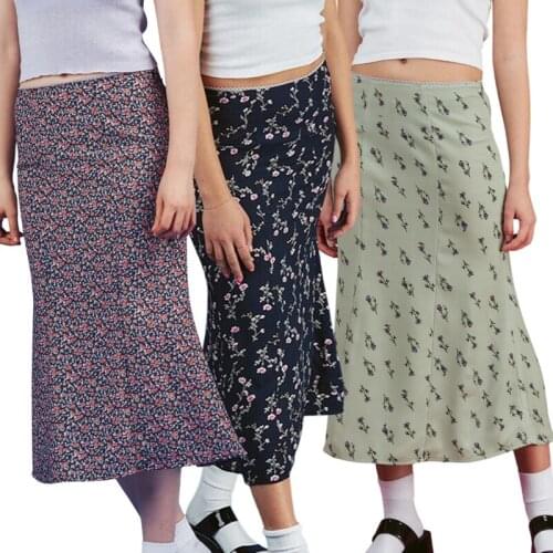 Korean Style Wonen Floral Print Midi Skirt Boho Vintage High Waist A-Line Skirt E-girl Sweet Streetwear Y2K Summer Bodycon