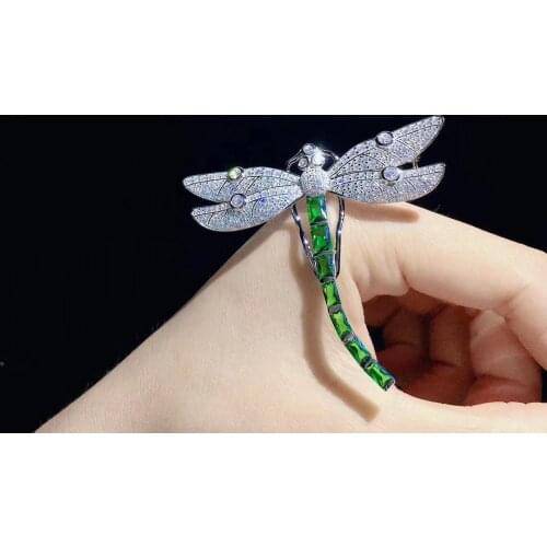 Green color 925 sterling silver with cubic zircon dragonfly brooch insect fine women jewelry free shipping cute