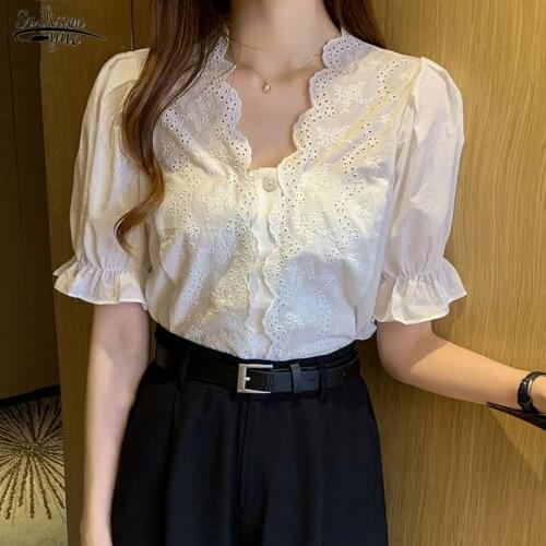 Fashion Hollow White Blouse Splicing Short Sleeve Shirt for Women Flare Sleeve Summer Versatile V-neck Women Lace Shirt 13984