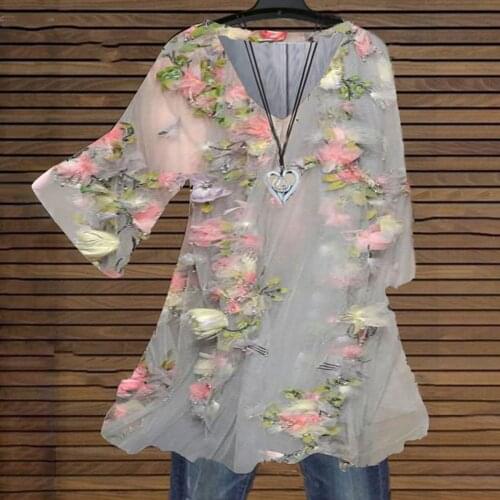 Women Tops Causal Loose Floral Printed long Shirts Fall Plus Size V neck Three Quarter Sleeves Tops Ladies Women Blouse blusas 4
