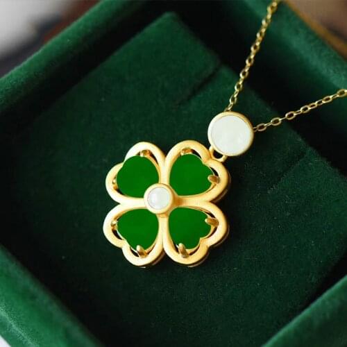 Natural Hetian Jade Clover Pendant Necklace Amulet Fashion 925 Silver Jewelry Women for Chalcedony Gifts