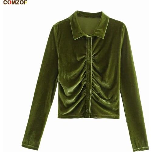 High Quality Women Vintage Shirt Long Sleeve Pleated Velour Tops 2021 Autumn Shirts Blouses Clothing Camisas De Mujer