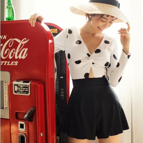 2021 New Long Sleeve One Piece Swimsuit Women Swimwear Skirted Monokini Push Up Swim Suit Korea Style Trikini Bathing Suit