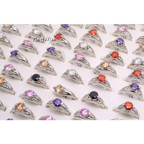 Yingwu Ring For Women Korean Style Round Purple Red Cubic Zirconia Ring Silver Color Fashion Jewelry Gift For Girls 10pcs Lot