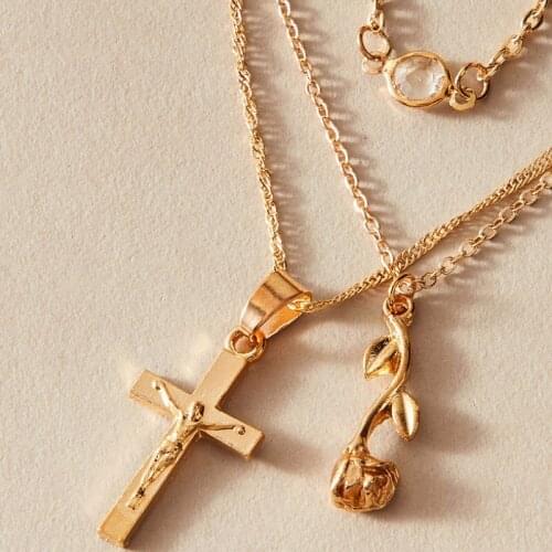 Summer Multilayer Cross Rose Pendant Necklace for Women New Trend Jewelry