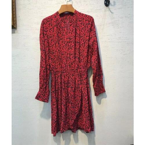 2022 Woman Risty Red Floral Print midi Dress V-neck long sleeve women Dress