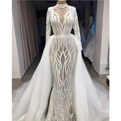 Long Sleeve Arabic Mermaid Wedding Dresses with Detachable Train Lace Applique Bridal Dresses 2020 Wedding Gowns Robes De Soiree