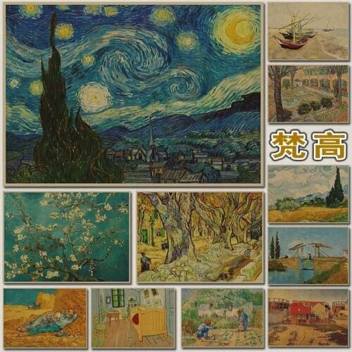 Famous Vintage Van Gogh The Starry Night Painting Poster Retro Kraft Paper Cafe Home Decor Wall Sticker
