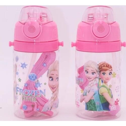 1pcs 350ml Disney Princess Children Lanyard straw Drinking Cup boy girl bottle water cartoon Frozen Elsa kettle cup Mickey
